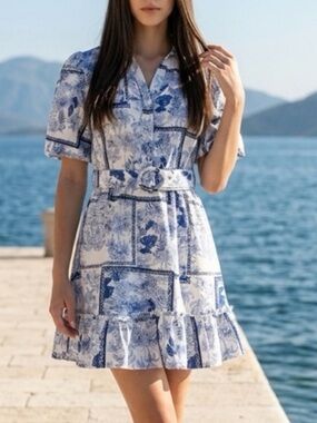 Joie Blue and White Floral Belted Mini Dress